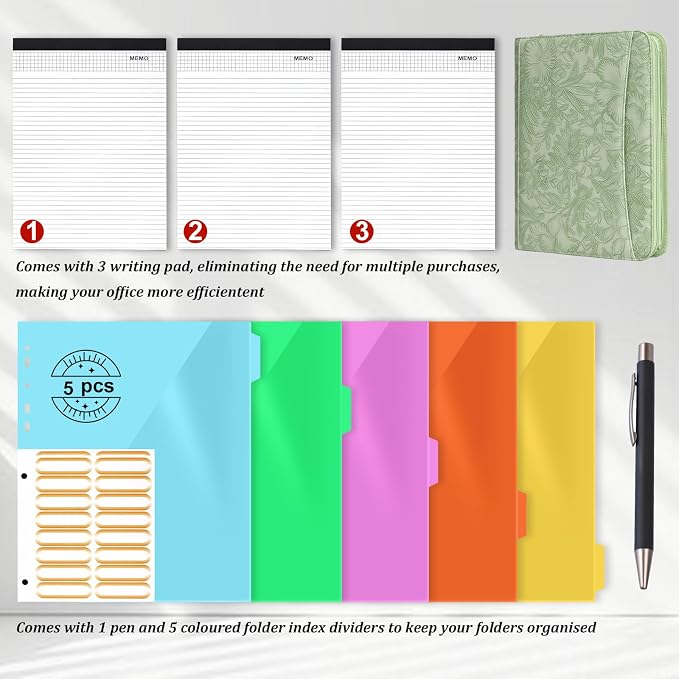 Leathario Portfolio Binder, Includes 10 Sheet Protectors and 3 Notepads, 3-Ring Folder Organizer, A4 Padfolio with Zipper, Vegan Leather Tablet Sleeve, Business Office Conference Clipboards