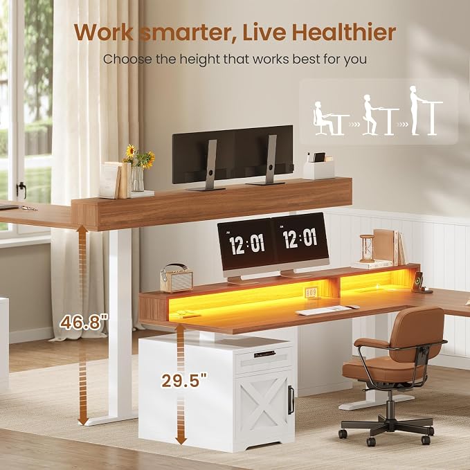 SEDETA Farmhouse L Shaped Standing Desk, 70.1" x 73.2" Height Adjustable Home Office Executive Desk with Drawers, Power Outlet, Monitor Stand, Sit Stand Table with Led Lights for Home Office, White
