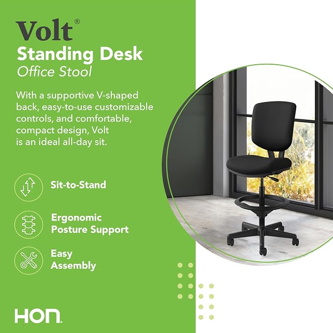 HON Volt Standing Desk Chair with Footring, Armless Ergonomic Task Stool with Center‑Tilt Recline, Adjustable Height Seating for Computers, Desks, and Sit‑Stand Workstations, Black