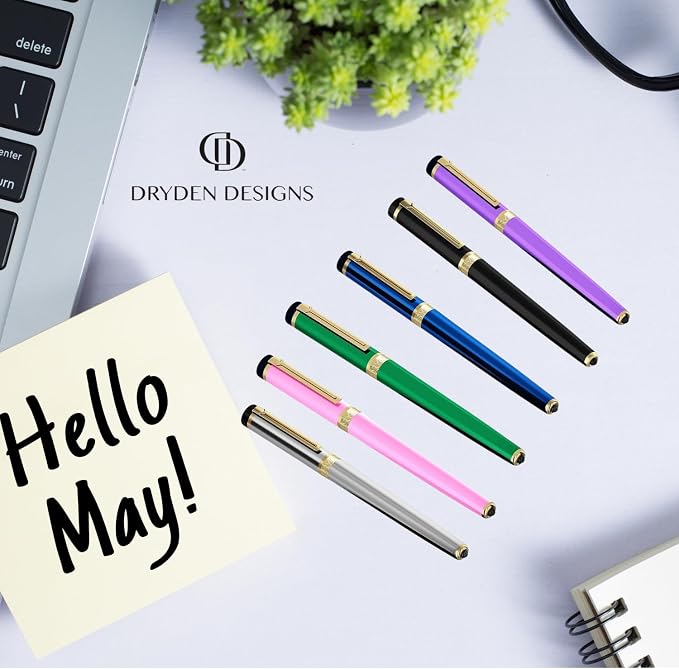 Dryden Designs Fountain Pen - Medium Nib and Fine Nib | Includes Luxury Box, 6 Ink Cartridges - 3 Black 3 Blue and Ink Refill Converter - Luscious Pink