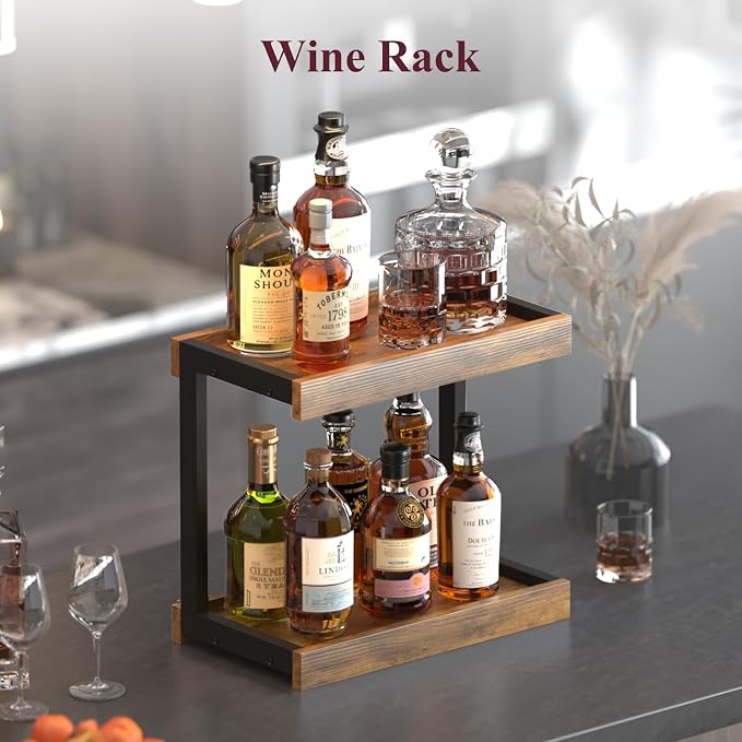 MARTY Counter Shelf Organizer, Large Spice Rack for Countertop, Brown | 2 Tier Serving Tray, 15.75"x8.9"x14.4" Large Display Stand, Coffee Bar/Station Organizer for Mugs Cups, for Kitchen Pantry