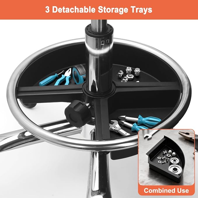 Garage Mechanic Stool with Backrest, Height Adjustable Heavy Duty Swivel Task Chair, Rolling Workshop Stool with Tool Tray Storage, Mechanic Chair for Garage, Shop, Auto Repair (Grey)