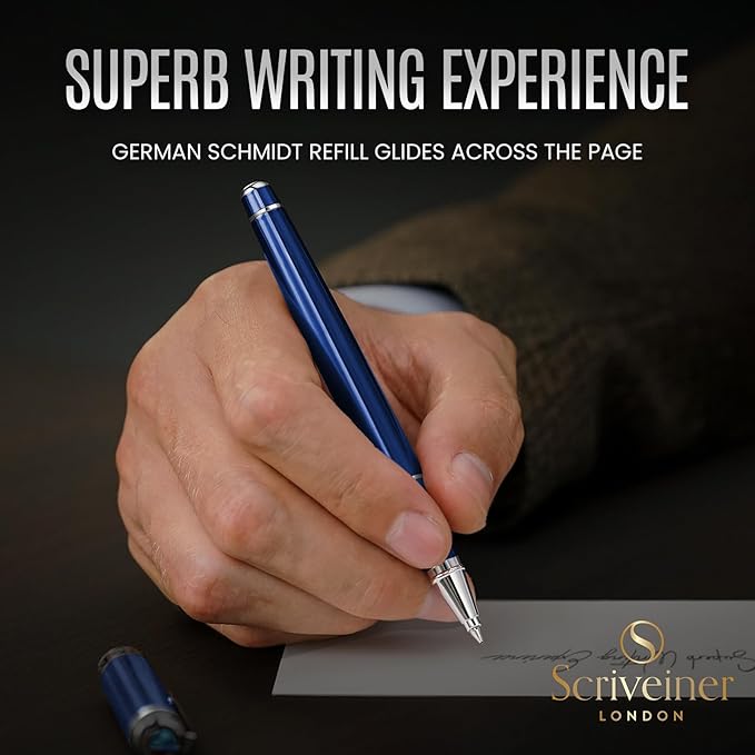 Scriveiner Midnight Blue Rollerball Pen - Stunning Blue Lacquer Luxury Pen, Chrome Finish bundle with Rollerball Refill Black Fine - 4 Rollerball Refills in one box
