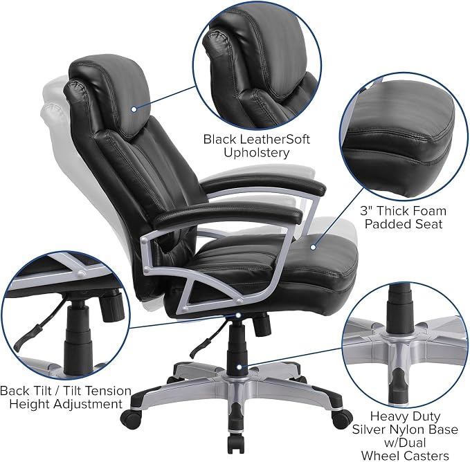 Flash Furniture HERCULES Series Big & Tall 500 lb. Rated Black LeatherSoft Executive Swivel Ergonomic Office Chair with Arms