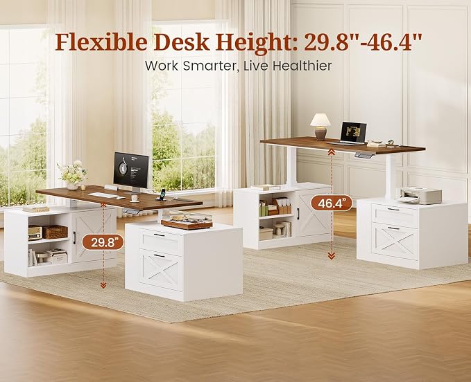 UPOSOJA 71" Farmhouse L Shaped Standing Desk, Electric Height Adjustable Corner Desk with Storage Cabinet & File Drawers, Wood Stand up Computer Desks with Power Outlets for Home Office