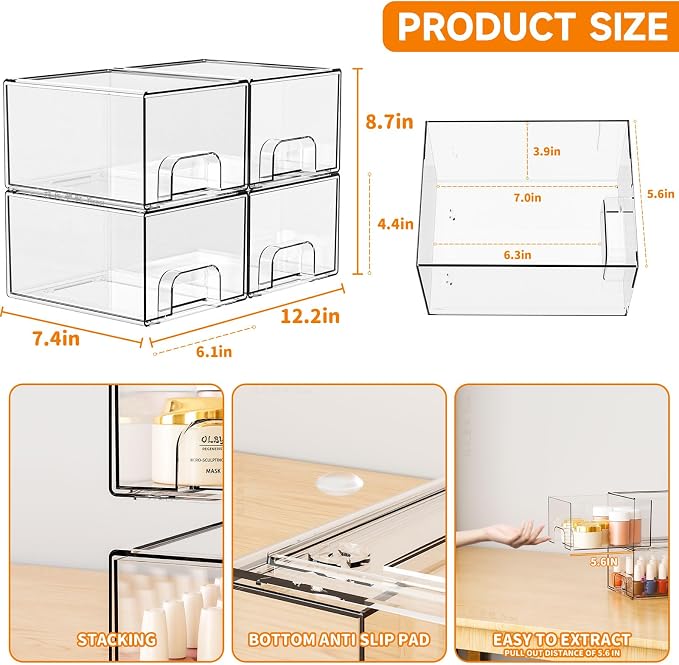 4 Pack Clear Stackable Storage Drawers,4.4'' Tall Acrylic Drawer Containers for Organizing,Bathroom Organizers and Storage Bin Box,Plastic Makeup,Medicine Organizer Bins for Cabinet,Undersink
