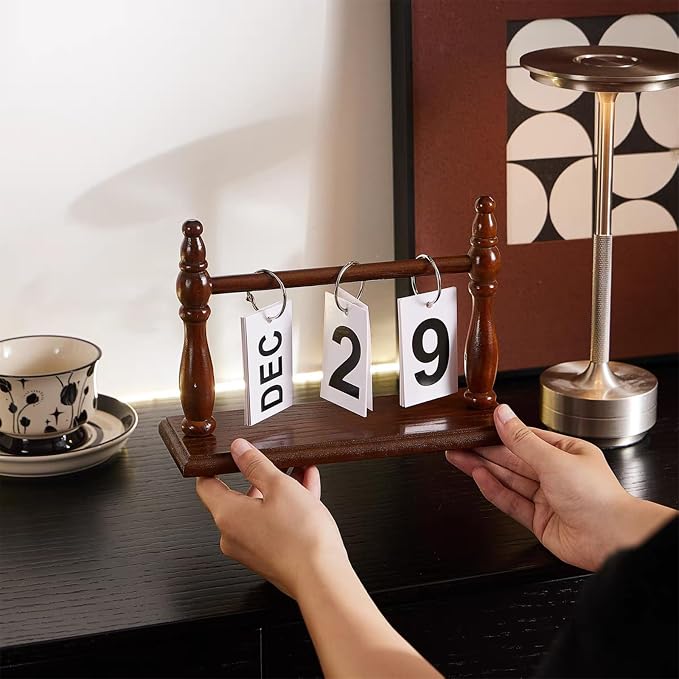 Wooden Perpetual Desk Calendar - Vintage Rustic Flip Calendar with Metal Rings & Reusable Daily Date Cards(Dark Brown)