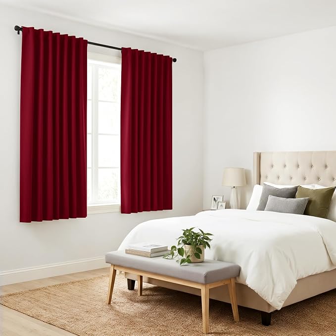 PONY DANCE Blackout Curtain Panels - Red Drapes Christmas Home Decoration Modern Elegant Back Tab Rod Pocket Curtains Room Darkening Energy Saving for Bedroom, 42 x 45 inch, Red, One Pair