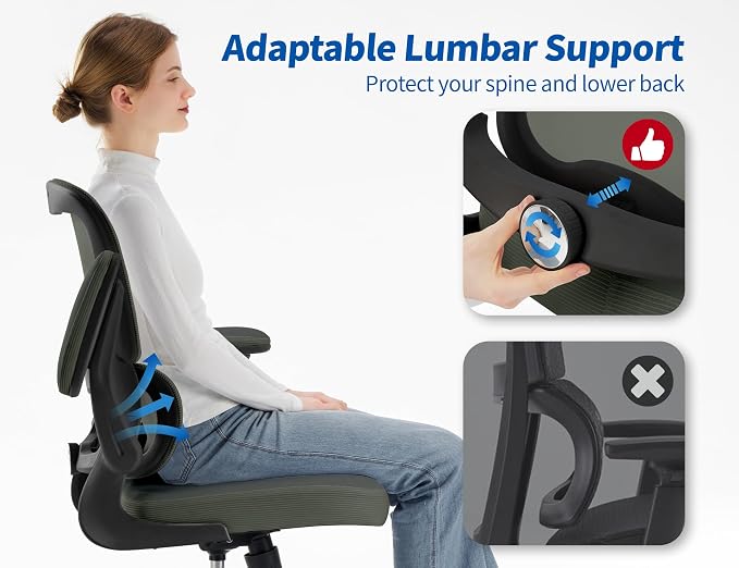 TRALT Ergonomic Office Chair - Desk Chair with Adjustable Lumbar Support Computer Chair - Mesh Comfy Chair with Flip-up Armrests - Gaming Chairs for Adults Home Office (PU Leather, Dark Green)