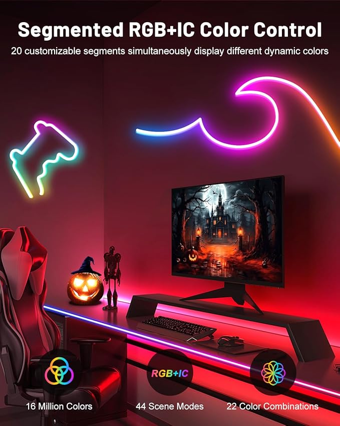 Neon Rope Lights, 10ft Smart RGB+IC LED Strip Lights with App & Remote Control, IP67 Waterproof Flexible Neon String Lights for Bedroom, Music Sync, DIY Multiple Modes for Wall Gaming Christmas Home