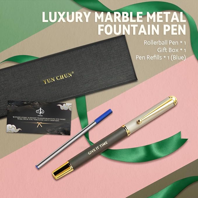 YUNCHUN Luxury Inspirational Rollerball Pen Set Gifts for Women & Men, Metal Pens with Motivational Words, Smooth Black Ink Medium Point, Elegant Executive Gift Pens with Extra Blue Refill, Gray