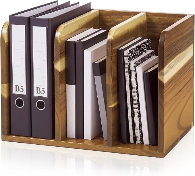Novabright Acacia Wood File Magazine Holder Desk Organizer, 3 Vertical Compartments Workspace Sorters for Magazines, Binders, Notebooks, Envelopes