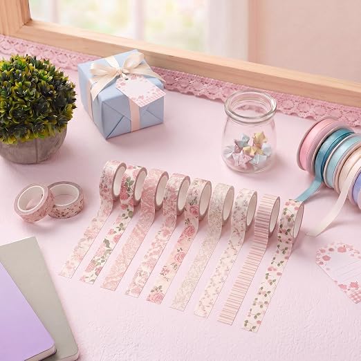 Gueevin 24 Rolls Watercolor Floral Washi Tape Set 15 mm Seasonal Flower Decorative Washi Tape for Craft Arts DIY Scrapbook Journaling Supplies Gift Wrapping (Pink Floral)