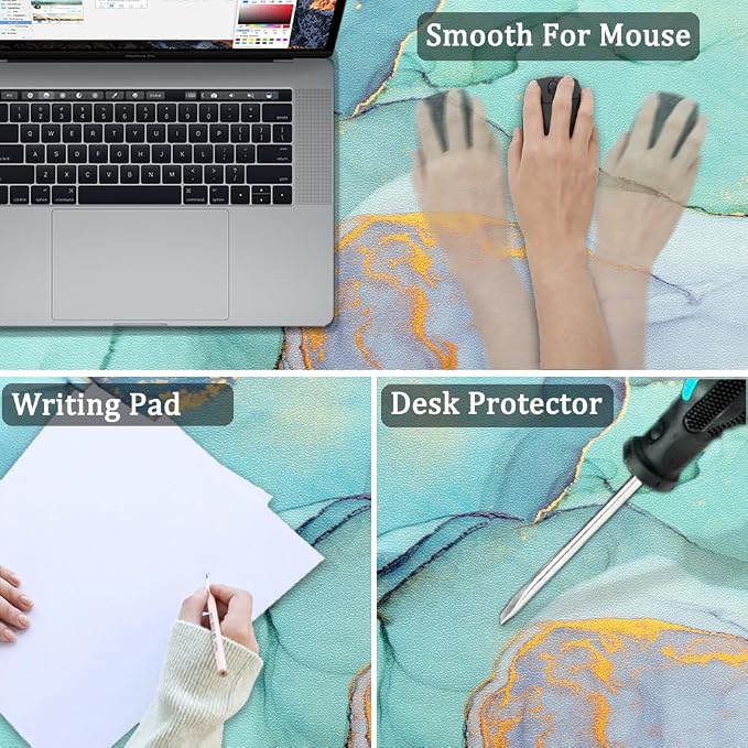 Large Desk Mat, Dual Side PU Leather Waterproof Mousepad Desk Pad, Desk Protector Writing Pads Desk Accessories for Office and Home (B-Green Marble, 24''X14'')