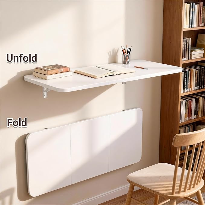 Wall Mounted Folding Desk 35.4” x 15.7”, Drop Down Table with Metal Collapsible Brackets, Folding Wall Table for Small Spaces, Home, Office, Kitchen, Laundry Room-White