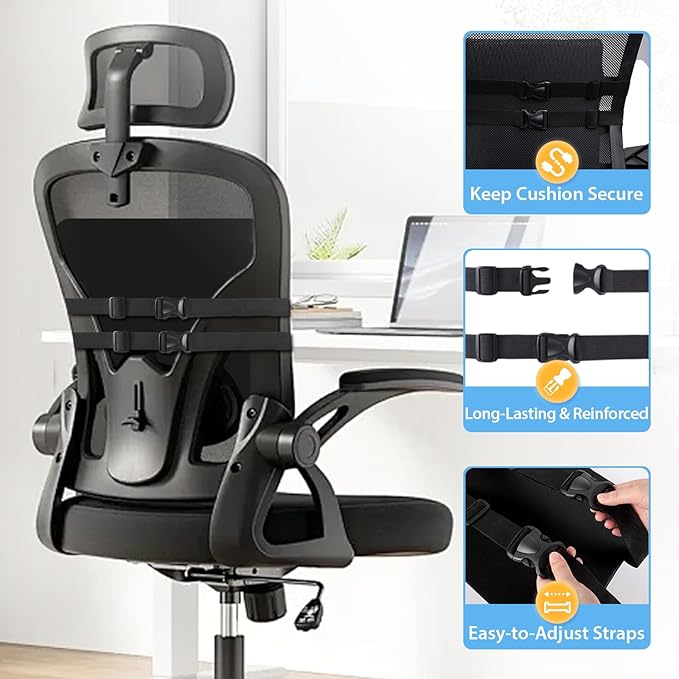 SweetSlubr Large Lumbar Support Pillow for Office Chair, Car Seats and Home Desks, Ergonomic Back Support with Double Adjustable Straps, Machine Washable Cover (Black,XL)