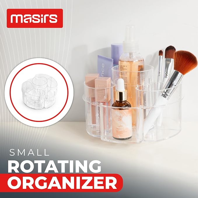 Masirs Small 360 Rotating Makeup Organizer, 5 Compartments, Round Clear | Small 360 Rotating Makeup Organizer, 5 Compartments, Acrylic Mini Lazy Susan, Vanity Bathroom Counter, Round Clear
