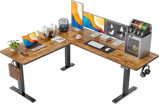 FEZIBO 75" x 63" L-Shaped Standing Desk - Adjustable Corner Desk L Shape, L-Shaped Adjustable Desk with Splice Board, L Shape Standing Desk, Rustic-Brown