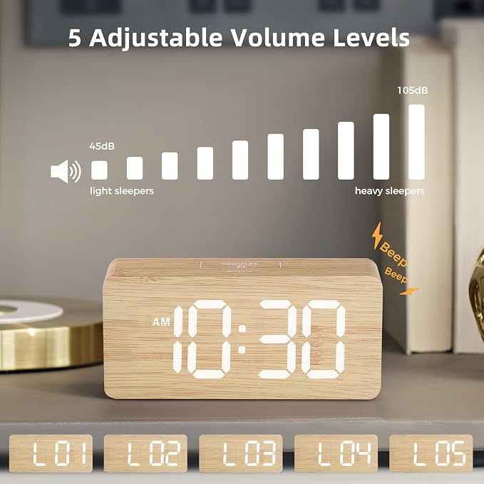 uscce Wooden Digital Alarm Clocks for Bedrooms with 0-100% Dimmable Display | Desk Clock with Large Numbers for Living Room - Loud Dual Alarm for Heavy Sleepers with Volume Control - Wood Decor & Gifts