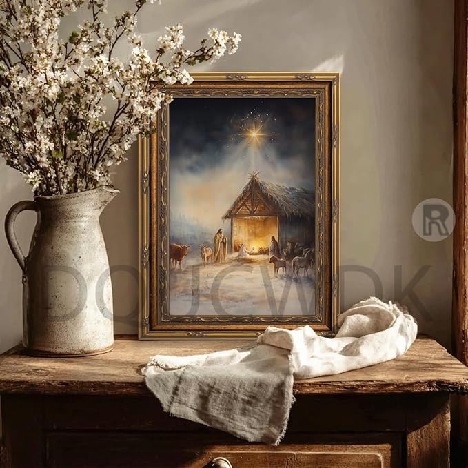 Vintage Nativity Scene Gold Framed Wall Art Birth of Jesus Christmas Christian Painting Canvas Prints Mary Joseph Holy Family Picture Star of Bethlehem Poster Artwork for Church Prayer Room, 9x11in