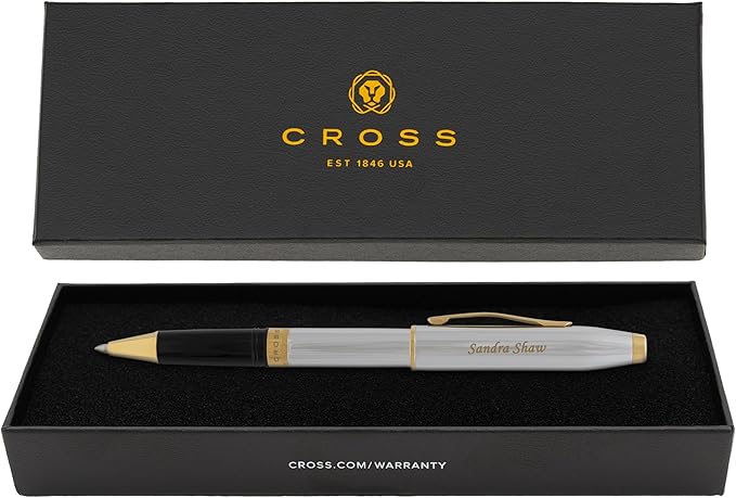 Personalized Cross Foundry Rollerball Pen | Engraved Polished Chrome with PVD Gold Trim | Custom Medalist Rollerball for Executives, Graduates, and First-Time Cross Writers