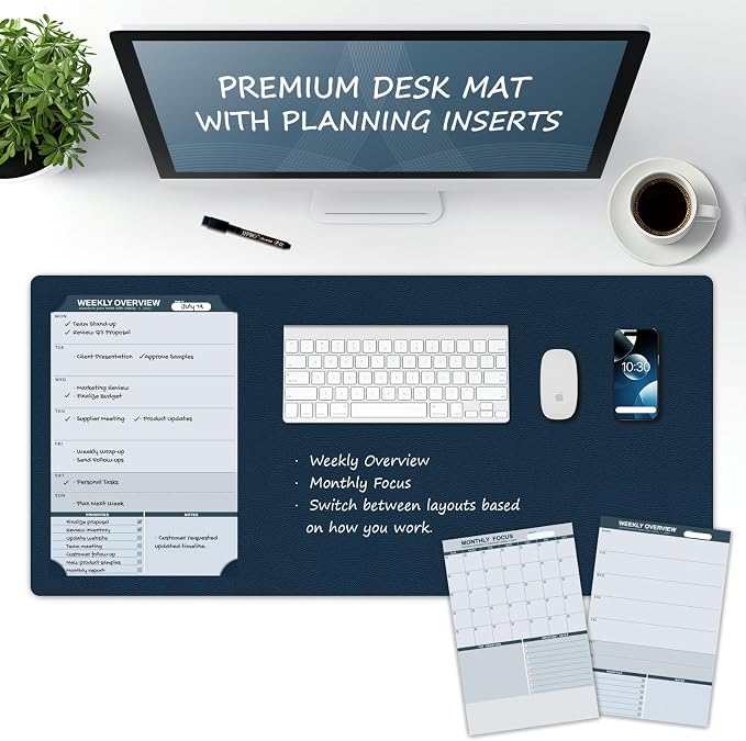 Large Dry Erase Desk Mat with Weekly & Monthly Dry Erase Planners | Reversible Dual-Texture Desk Pad with Interchangeable Planning Pages,Faux Leather Desk Mat for Office-16"x34"