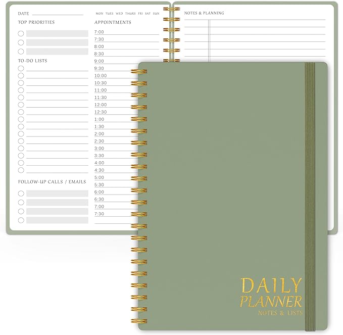 Daily Planner Undated - Simplified To Do List Notebook with Hourly Schedules, Spiral Appointment Organizer, 5.5" x 8.5", Easily Manage Your Tasks and Productivity - Green