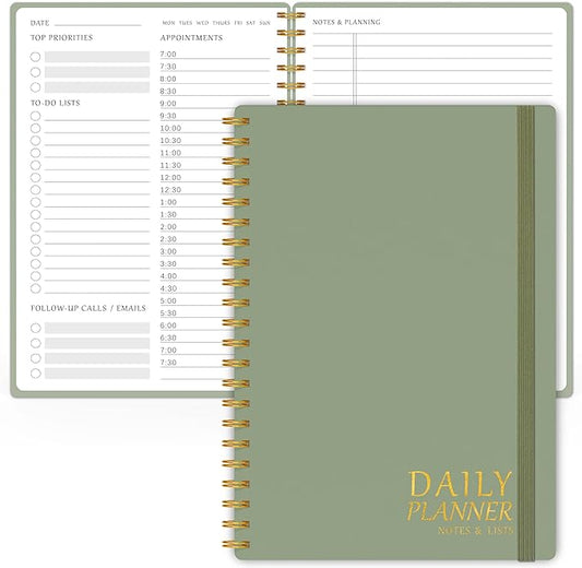 Daily Planner Undated - Simplified To Do List Notebook with Hourly Schedules, Spiral Appointment Organizer, 5.5" x 8.5", Easily Manage Your Tasks and Productivity - Green