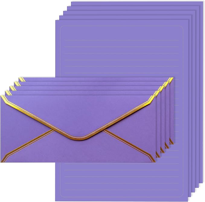J6&H6 Gold Thread Stationary Paper and Envelopes Set Including 12 Standard Sized Phnom Penh Envelopes and 24 Sheets of Lined Paper Suitable for Daily Emotional Expression Formal Communication(purple)