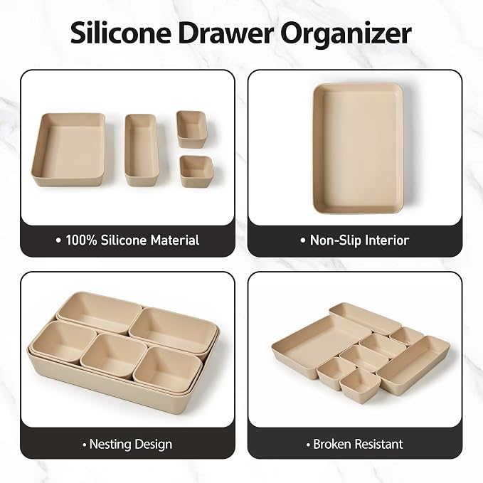 ISSEVE 8Pcs Silicone Bathroom Drawer Organizer Trays Set, 4 Sizes, Beige | Nesting Organizer Trays, For Vanity, Desk, Nightstand, Makeup, Jewelry, Toiletries, and Office Small Items, Drawer Organizer