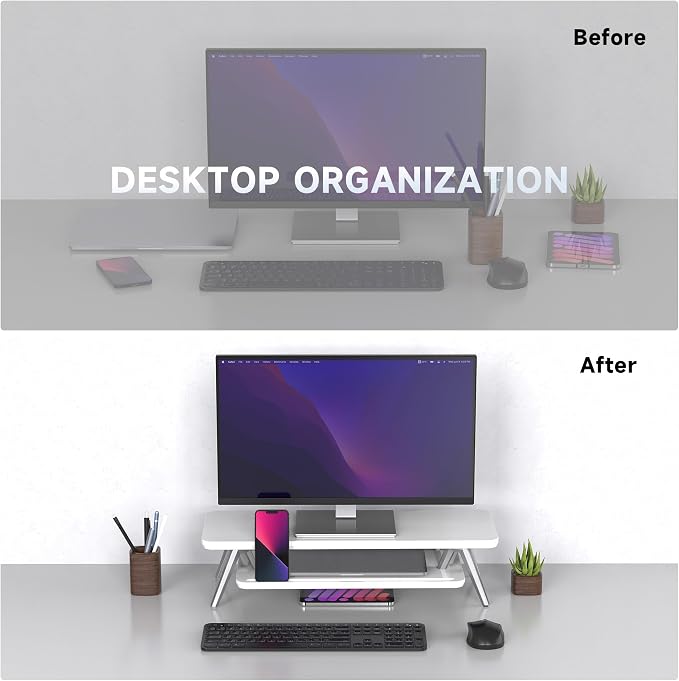 Fenge Monitor Stand Riser, Wooden Desk Shelf with 2-Tier Storage | 23.6-Inch Wide, Sturdy Aluminum Legs, Built-In Phone & Tablet Slot, Desktop Organizer for Office Accessories