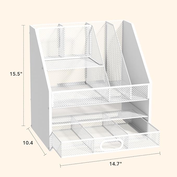 Homsorout Wooden Desk Organizer - Mesh File Organizer with Drawers and Pen Holder - 4-Tier Vertical Paper Letter Storage Tray, Desktop Organizers and Accessories for Home Office （White