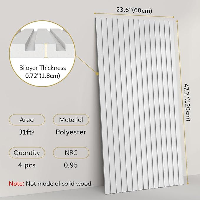 TONOR Dual-Layer Thickened Acoustic Wall Panels Self Adhesive, 4 Pack 47.2"x23.6"x0.72" High Density Large Sound Proof Panels for Walls, Peel and Stick Wall Panels for Interior Wall Décor, White