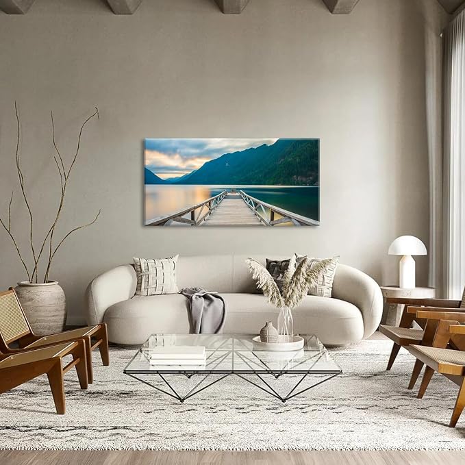 Olympic National Park Canvas Wall Art Crescent Lake Pictures Wood Dock Wall Decor Sunset Mountains Scenery Canvas Prints Photo Nature Artwork for Living Room Bedroom Office Home Decoration 24x48"