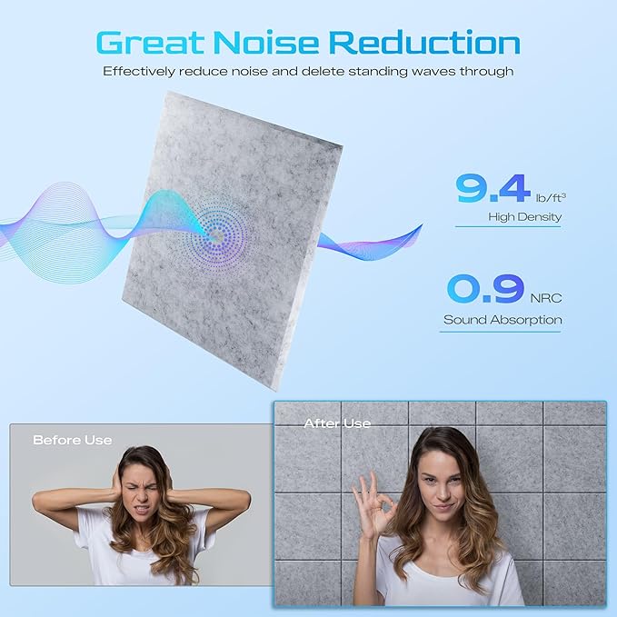 12 Pack Self-Adhesive Acoustic Panels, 12" X 12" X 0.4" High-Density Polyester Sound Proof Foam Panels for Walls, Soundproof Wall Panels for Home & Office (Sliver Gray)