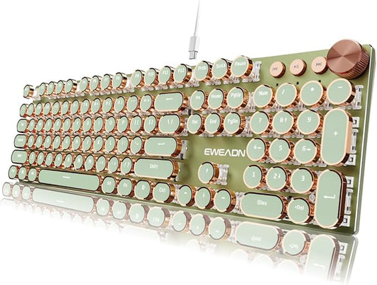 EWEADN Typewriter Style Mechanical Keyboard, Wired Typewriter Keyboards,104 Keys Backlit LED Metal Keyboards, Media Control Knob, Wired Computer Keyboard Pink Switch for Windows/Mac/PC-Green