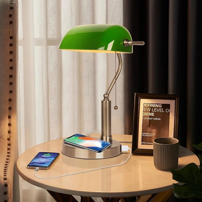 FIRVRE Glass Bankers Desk Lamp with Wireless Charger, 2 USB Charging Port, Vintage Desk Lamp with Pull Chain Switch, Retro Table Lamps for Home Office, Piano, Library (Bulb Included)