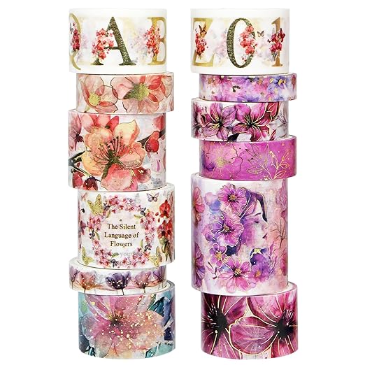 Gold Pink Washi Tape Set - 12 Rolls Pink Floral Alphabet Decorative Tape, Glitter Washi Tape for Journaling, Scrapbooking, DIY Crafts, Junk Journal Supplies, Valentine's Day