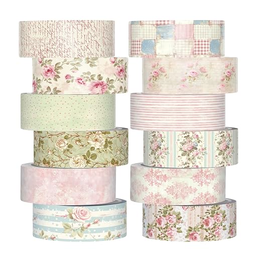 12 Rolls Watercolor Floral Washi Tape Set 15 mm Vintage Flower Decorative Masking Tape for Summer School Arts DIY Craft Scrapbook Journal Supplies Gifts(Vintage Pink,Cottagecore)