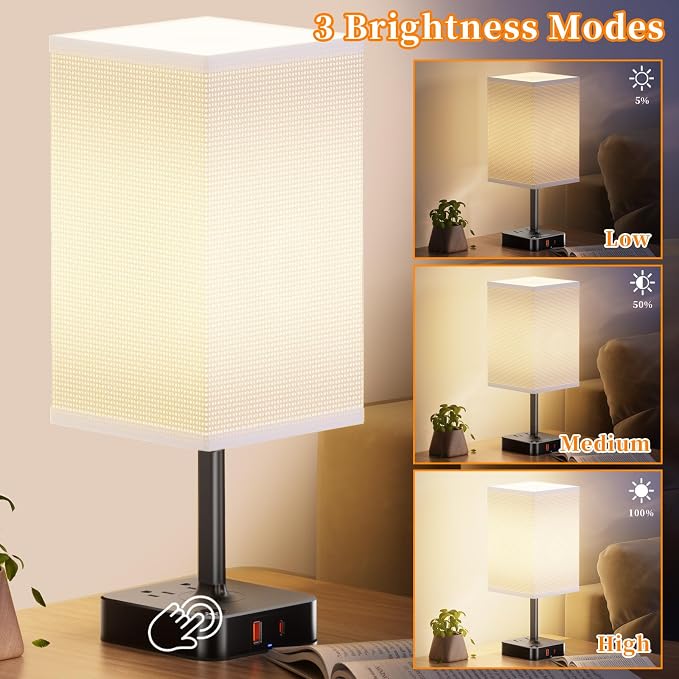 cozoo Bedside Table Lamp for Bedroom, 3 Way Dimmable & Remote Control Stepless Dimming Touch Nightstand Lamp, 2 USB Ports and 2 AC Outlets, Small Desk Light for Living Room, Bed, Study, White