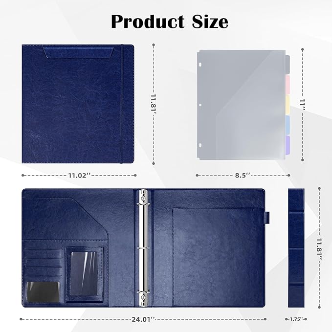 Ospelelf 3 Ring Clipboard Binder with Storage Pouch, 1 Inch Round Ring, Leather Magnetic Clipboard Folder with Notepad (11" x 8.5"), 5 Dividers with 10 Pockets, School Office Binder, Navy Blue
