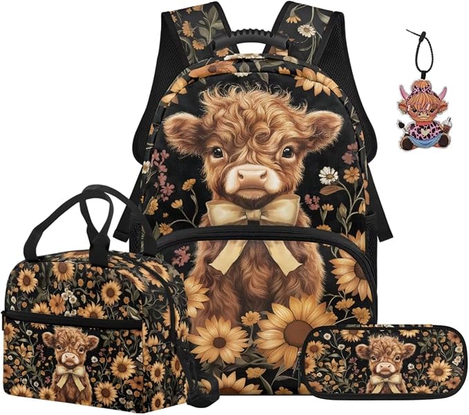 ZFRXIGN Highland Cow Kids Backpack for Boys Bookbag with Cute Pendant 17inch Girls Elementary School Bag and Insulated Lunch Box Pencil Case Back to School Stuff