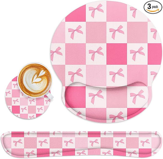 Britimes Pink Bow Checkered Cute Retro Kawaii Ergonomic Mouse Pad Set with Wrist Rest Non-Slip Rubber Base Wrist Cushion Support and Coasters Mousepad with Wrist Support for Computer Keyboard and Desk