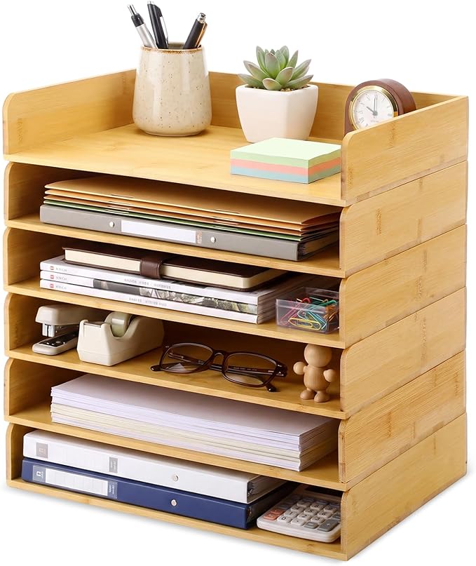 Novabright 6 Pcs Stackable Paper Organizer Tray Acacia Wood Desk Organizer Letter Tray Desktop Letter Size Office Wooden Desk Shelf Paper Holder Folder Organization Rack for File Document(Bamboo)