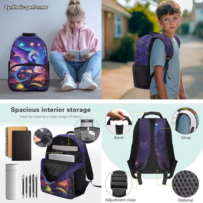 Mushroom Dragon Backpack for Girls Elementary School, Galaxy Space 17 Inches Bookbag with Lunch Box for Kids Age 6-8 Back to School, Lightweight & Large Capacity