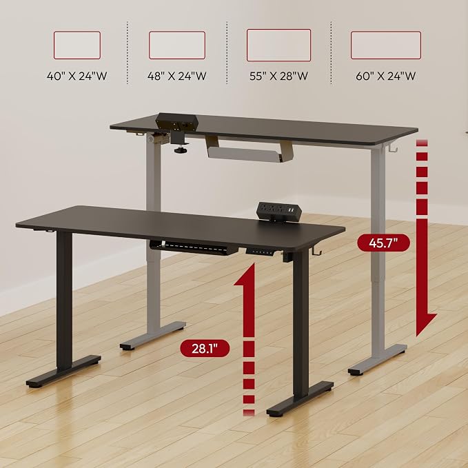SANODESK Electric Standing Desk with Desk Clamp Power Strip 40"x 24" Whole-Piece Desktop Height Adjustable Stand Up Desk with Cable Management Sit Stand Home Office Desk Silver Frame/Black Top