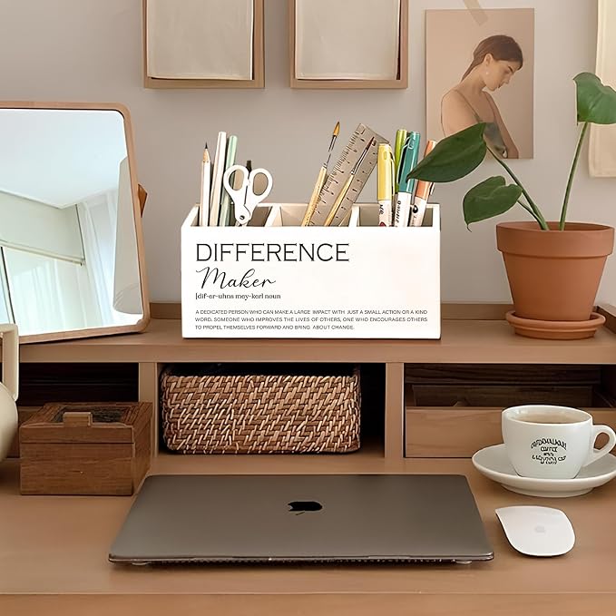 Difference Maker Gift Pen Pencil Holder for Desk, Thank You Appreciation Gifts for Coworkers Leaders Teachers, Difference Maker Wooden Box Sign Decorations for Office Workplace Desk Tabletop