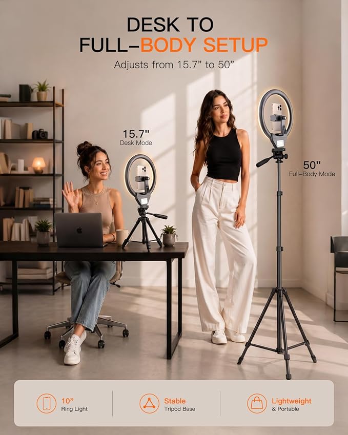 Sensyne Ring Light with Stand, 50" Phone Tripod for iPhone & Android, LED Ring Light with Remote, 3 Color Modes & 10 Brightness Levels for TikTok, Zoom & Video Recording
