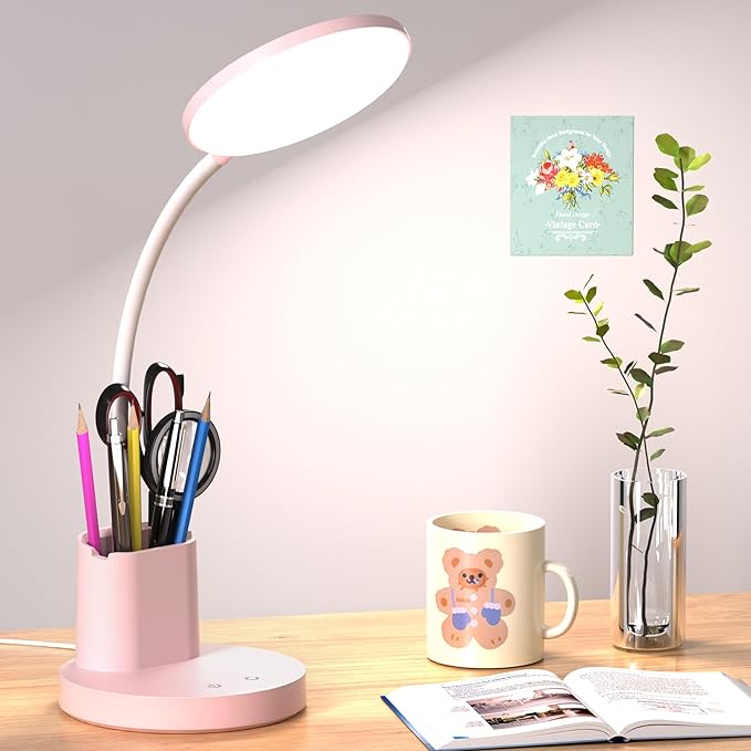 Desk Lamp, LED Desk Lamps for Home Office, Touch Table Lamp with 3 Color Modes 360° Adjustable Arm, Dimmable Desk Light with Pen Phone Holder for College Dorm, Pink