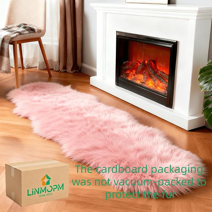 linmopm Faux Fur Sheepskin Rug, Pink, 2x6 ft Runner | Shag Fluffy Fuzzy, High-Density Cushion, For Bedroom Bedside Living Room, Plush Carpet